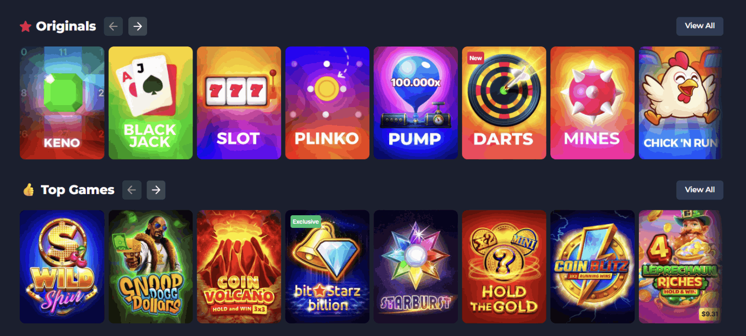 BitStarz game lobby showing slot categories